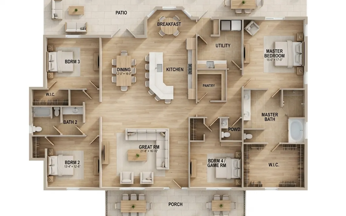 A flat floor plan, the input for furnished room renders